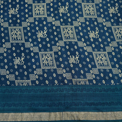 Indian Vintage Sari Blue Pure chanderi Silk Bagru Printed Sarees Fabric 5Yd Floral Soft Golden Zari Border Ethnic Dress making Upcycle