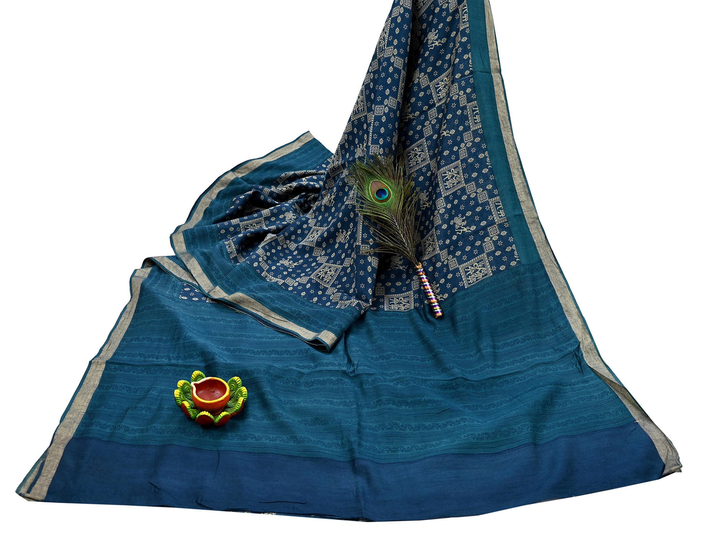 Indian Vintage Sari Blue Pure chanderi Silk Bagru Printed Sarees Fabric 5Yd Floral Soft Golden Zari Border Ethnic Dress making Upcycle