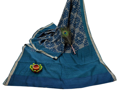 Indian Vintage Sari Blue Pure chanderi Silk Bagru Printed Sarees Fabric 5Yd Floral Soft Golden Zari Border Ethnic Dress making Upcycle