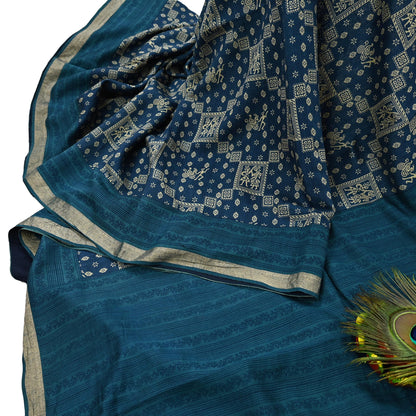 Indian Vintage Sari Blue Pure chanderi Silk Bagru Printed Sarees Fabric 5Yd Floral Soft Golden Zari Border Ethnic Dress making Upcycle