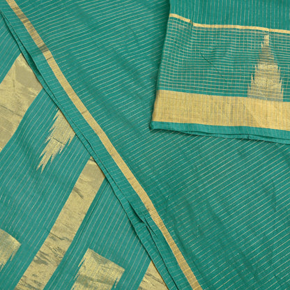 Indian Vintage Sari Green Pure Cotton Hand Woven Saree Craft Fabric 5yd Sewing Ethnic Soft Dress making Quilting Dress Designing Zari