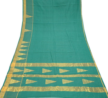 Indian Vintage Sari Green Pure Cotton Hand Woven Saree Craft Fabric 5yd Sewing Ethnic Soft Dress making Quilting Dress Designing Zari