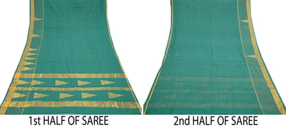 Indian Vintage Sari Green Pure Cotton Hand Woven Saree Craft Fabric 5yd Sewing Ethnic Soft Dress making Quilting Dress Designing Zari