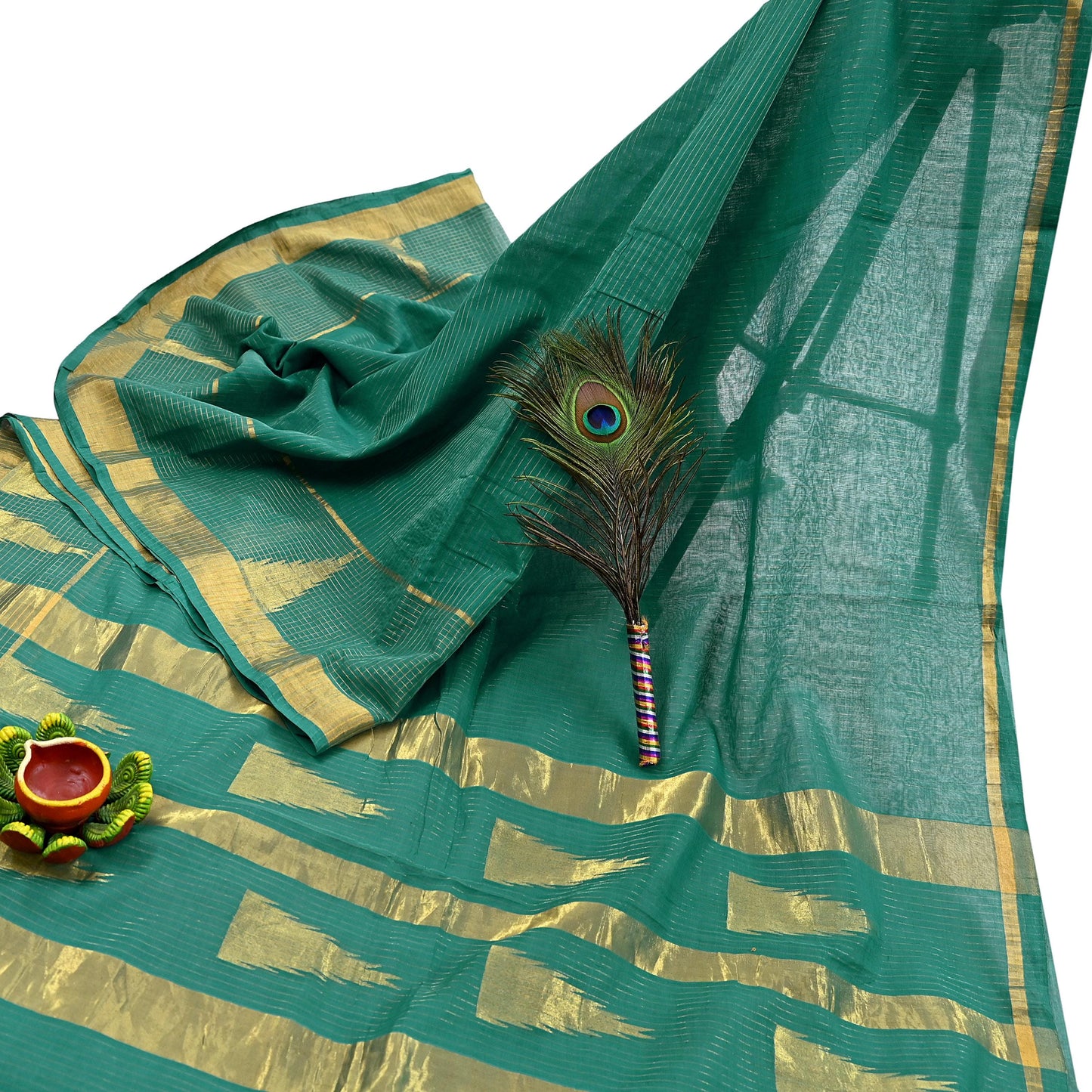 Indian Vintage Sari Green Pure Cotton Hand Woven Saree Craft Fabric 5yd Sewing Ethnic Soft Dress making Quilting Dress Designing Zari