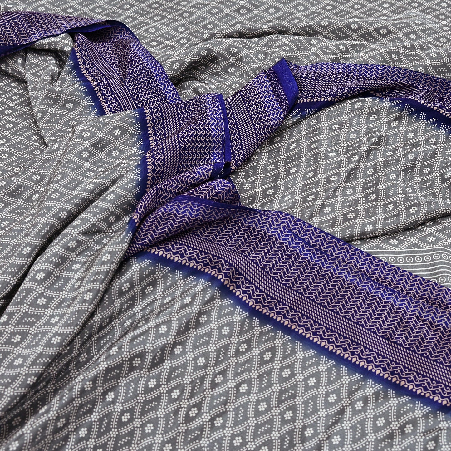 Indian Vintage Sari Blue & Gray Moss Crepe Printed Sarees 6yd Craft Fabric Sewing Floral Soft Dress making Quilting Crafting Upcycle Used