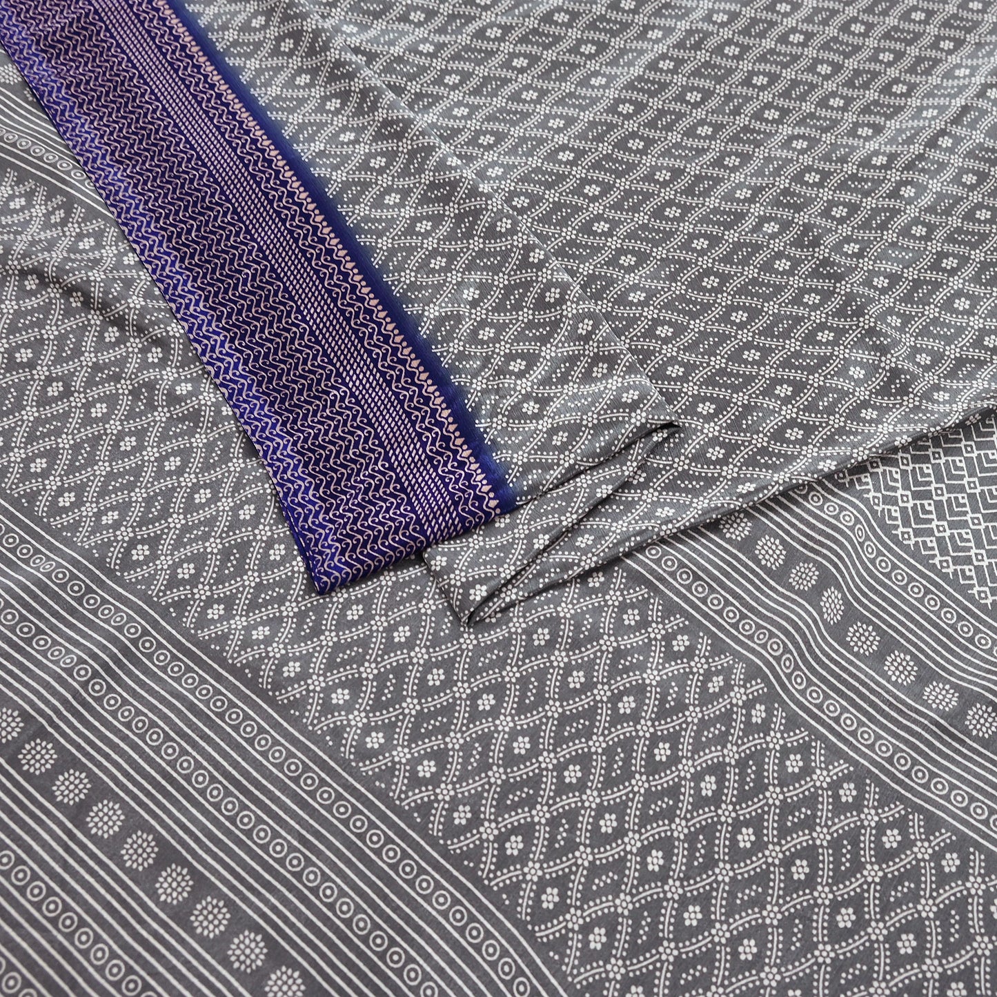 Indian Vintage Sari Blue & Gray Moss Crepe Printed Sarees 6yd Craft Fabric Sewing Floral Soft Dress making Quilting Crafting Upcycle Used