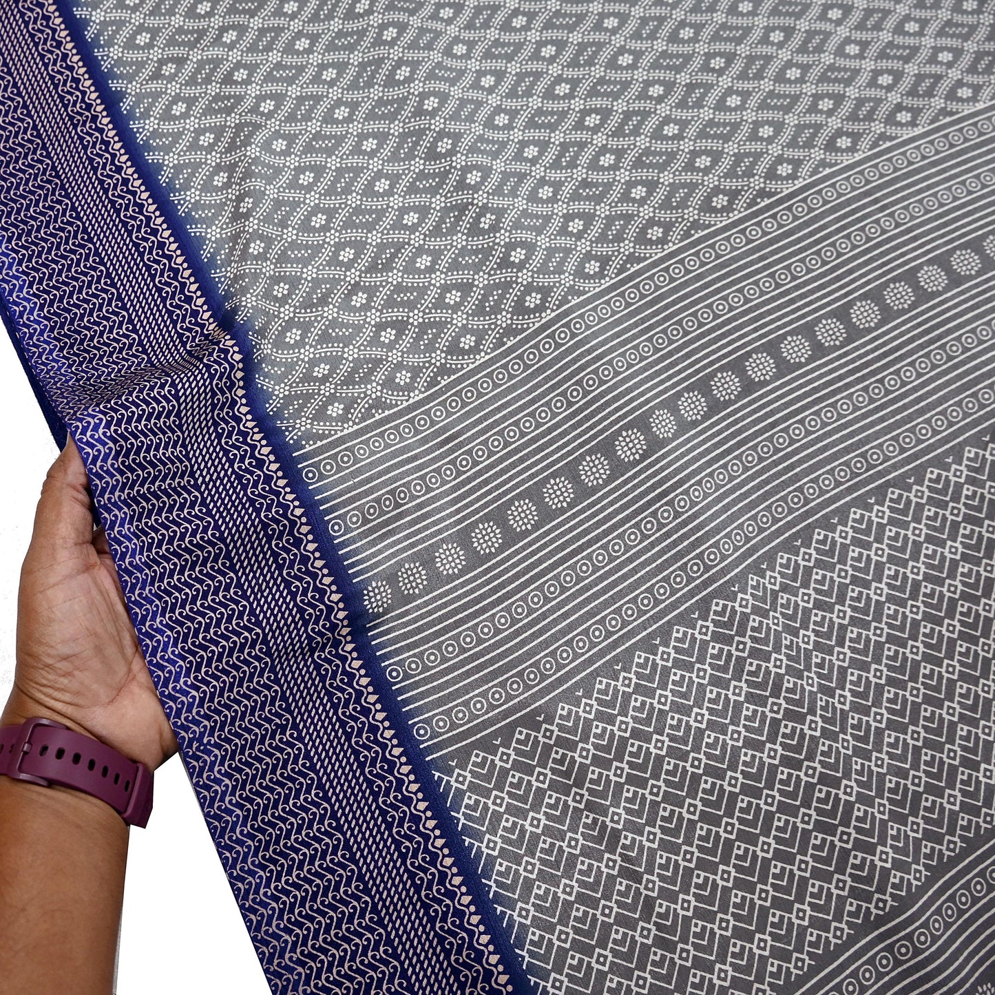 Indian Vintage Sari Blue & Gray Moss Crepe Printed Sarees 6yd Craft Fabric Sewing Floral Soft Dress making Quilting Crafting Upcycle Used