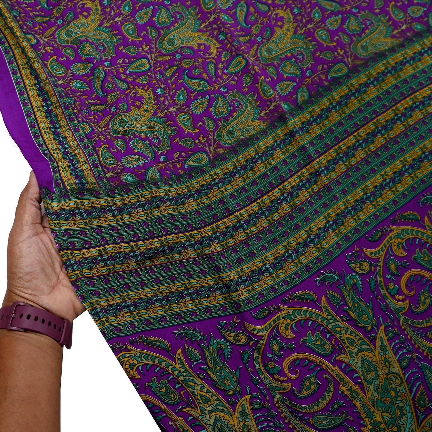 Indian Vintage Purple Moss Crepe Saree Printed Floral Sari Fabric 6 Yards Soft Craft Fabric for Sewing, Dressmaking, Quilting,Upcycling