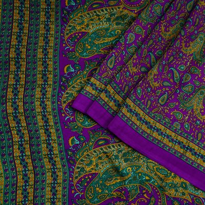 Indian Vintage Purple Moss Crepe Saree Printed Floral Sari Fabric 6 Yards Soft Craft Fabric for Sewing, Dressmaking, Quilting,Upcycling