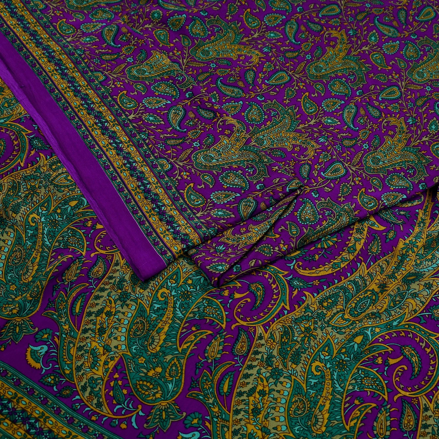 Indian Vintage Purple Moss Crepe Saree Printed Floral Sari Fabric 6 Yards Soft Craft Fabric for Sewing, Dressmaking, Quilting,Upcycling