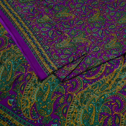 Indian Vintage Purple Moss Crepe Saree Printed Floral Sari Fabric 6 Yards Soft Craft Fabric for Sewing, Dressmaking, Quilting,Upcycling