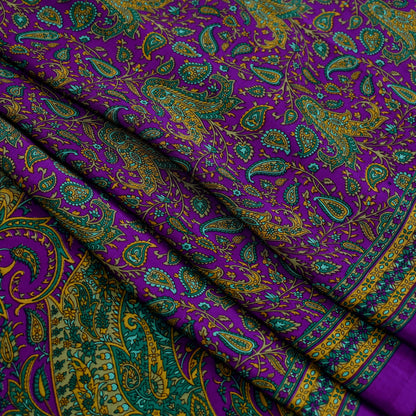 Indian Vintage Purple Moss Crepe Saree Printed Floral Sari Fabric 6 Yards Soft Craft Fabric for Sewing, Dressmaking, Quilting,Upcycling