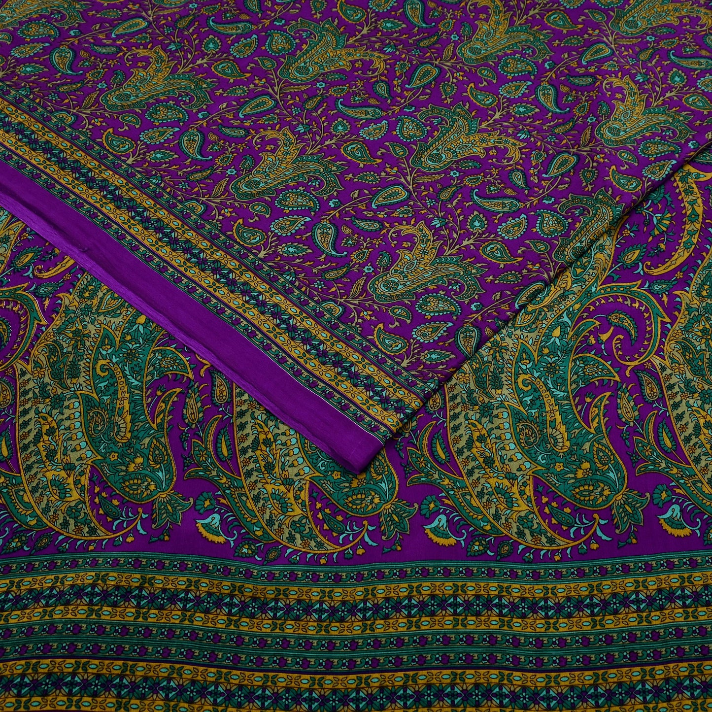 Indian Vintage Purple Moss Crepe Saree Printed Floral Sari Fabric 6 Yards Soft Craft Fabric for Sewing, Dressmaking, Quilting,Upcycling