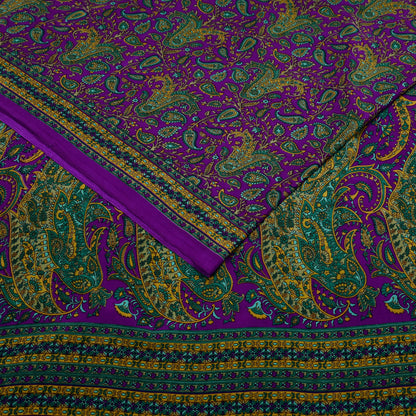 Indian Vintage Purple Moss Crepe Saree Printed Floral Sari Fabric 6 Yards Soft Craft Fabric for Sewing, Dressmaking, Quilting,Upcycling