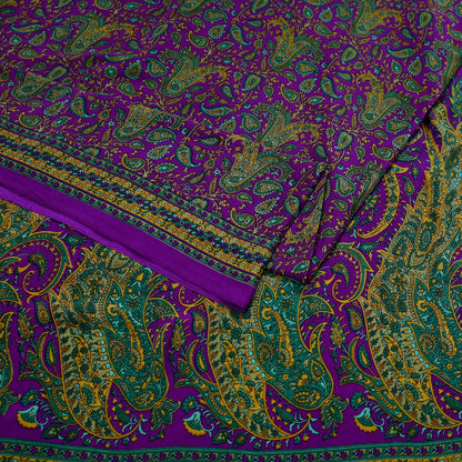 Indian Vintage Purple Moss Crepe Saree Printed Floral Sari Fabric 6 Yards Soft Craft Fabric for Sewing, Dressmaking, Quilting,Upcycling