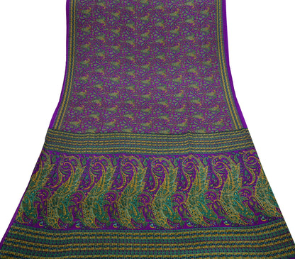Indian Vintage Purple Moss Crepe Saree Printed Floral Sari Fabric 6 Yards Soft Craft Fabric for Sewing, Dressmaking, Quilting,Upcycling