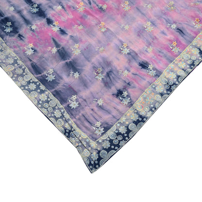 Indian Vintage Saree Pink & Blue Pure Crepe Silk Hand Embroidered Tie-Dye Sari Fabric 5yard Sewing Craft Fabric Ethnic Dressmaking
