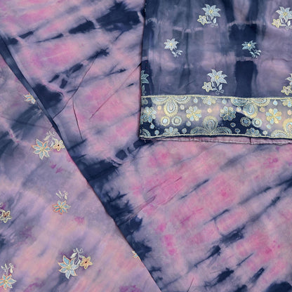 Indian Vintage Saree Pink & Blue Pure Crepe Silk Hand Embroidered Tie-Dye Sari Fabric 5yard Sewing Craft Fabric Ethnic Dressmaking