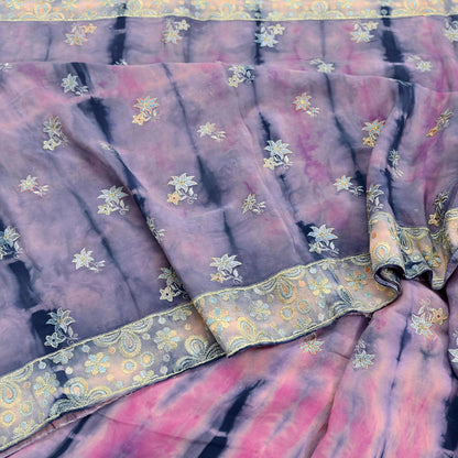 Indian Vintage Saree Pink & Blue Pure Crepe Silk Hand Embroidered Tie-Dye Sari Fabric 5yard Sewing Craft Fabric Ethnic Dressmaking