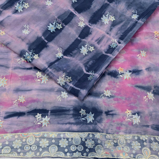 Indian Vintage Saree Pink & Blue Pure Crepe Silk Hand Embroidered Tie-Dye Sari Fabric 5yard Sewing Craft Fabric Ethnic Dressmaking