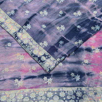 Indian Vintage Saree Pink & Blue Pure Crepe Silk Hand Embroidered Tie-Dye Sari Fabric 5yard Sewing Craft Fabric Ethnic Dressmaking