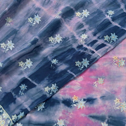 Indian Vintage Saree Pink & Blue Pure Crepe Silk Hand Embroidered Tie-Dye Sari Fabric 5yard Sewing Craft Fabric Ethnic Dressmaking