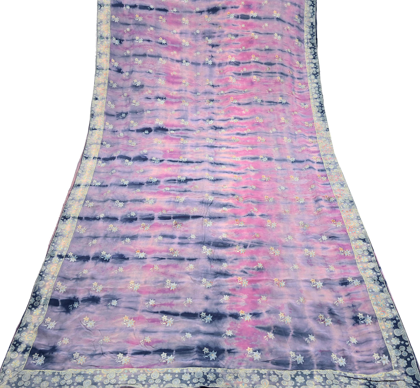 Indian Vintage Saree Pink & Blue Pure Crepe Silk Hand Embroidered Tie-Dye Sari Fabric 5yard Sewing Craft Fabric Ethnic Dressmaking