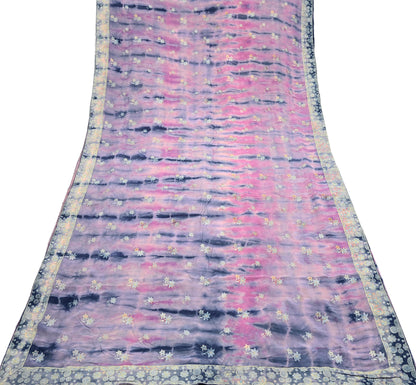 Indian Vintage Saree Pink & Blue Pure Crepe Silk Hand Embroidered Tie-Dye Sari Fabric 5yard Sewing Craft Fabric Ethnic Dressmaking