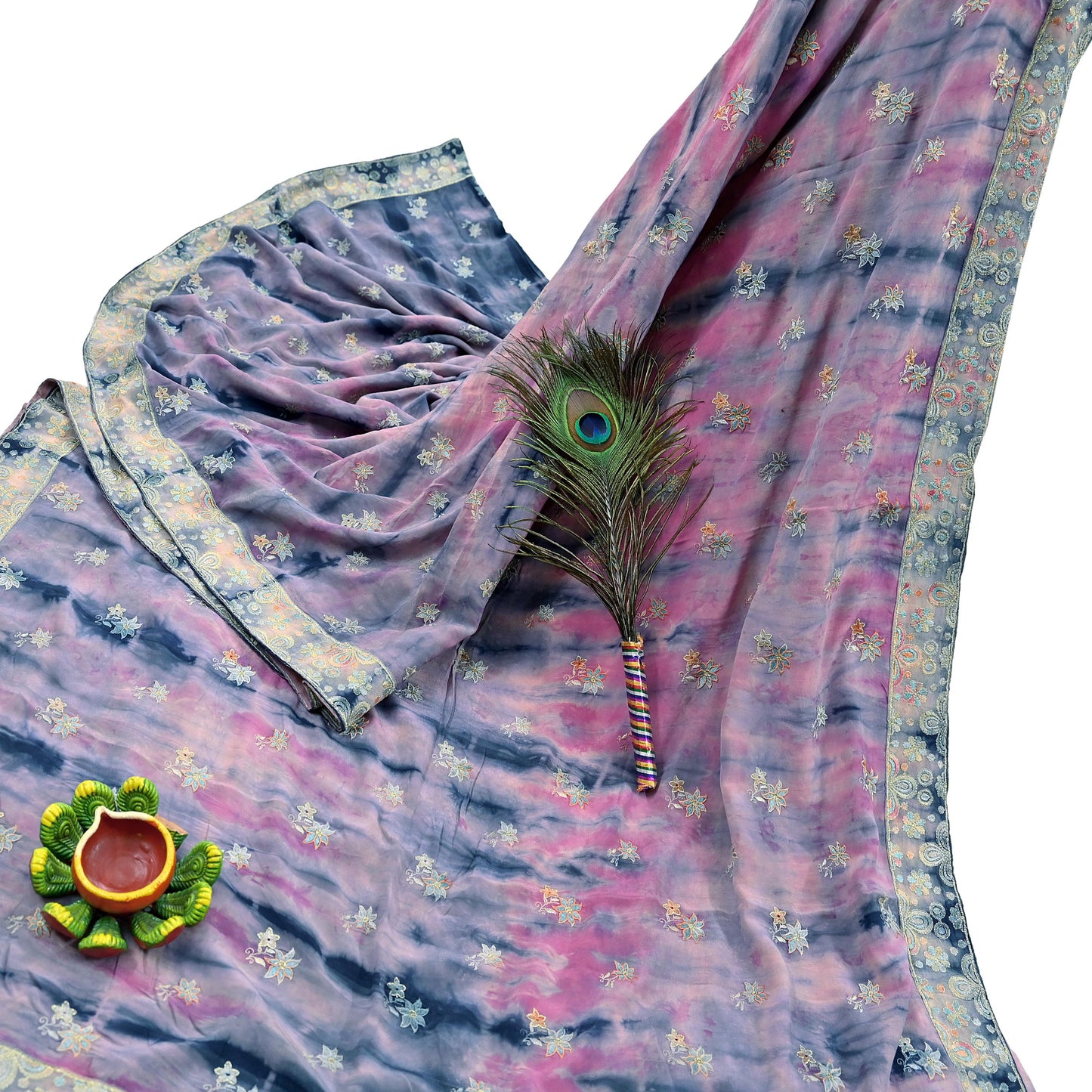 Indian Vintage Saree Pink & Blue Pure Crepe Silk Hand Embroidered Tie-Dye Sari Fabric 5yard Sewing Craft Fabric Ethnic Dressmaking