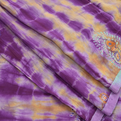 Indian Vintage Sari Purple & Yellow Pure Crepe Silk Hand Embroidered Kantha Tie-Dye Saree 6yd Craft Fabric Sewing Floral Soft Dress making