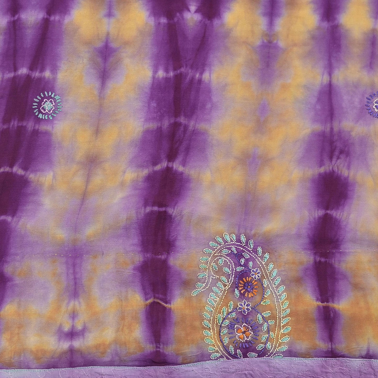 Indian Vintage Sari Purple & Yellow Pure Crepe Silk Hand Embroidered Kantha Tie-Dye Saree 6yd Craft Fabric Sewing Floral Soft Dress making