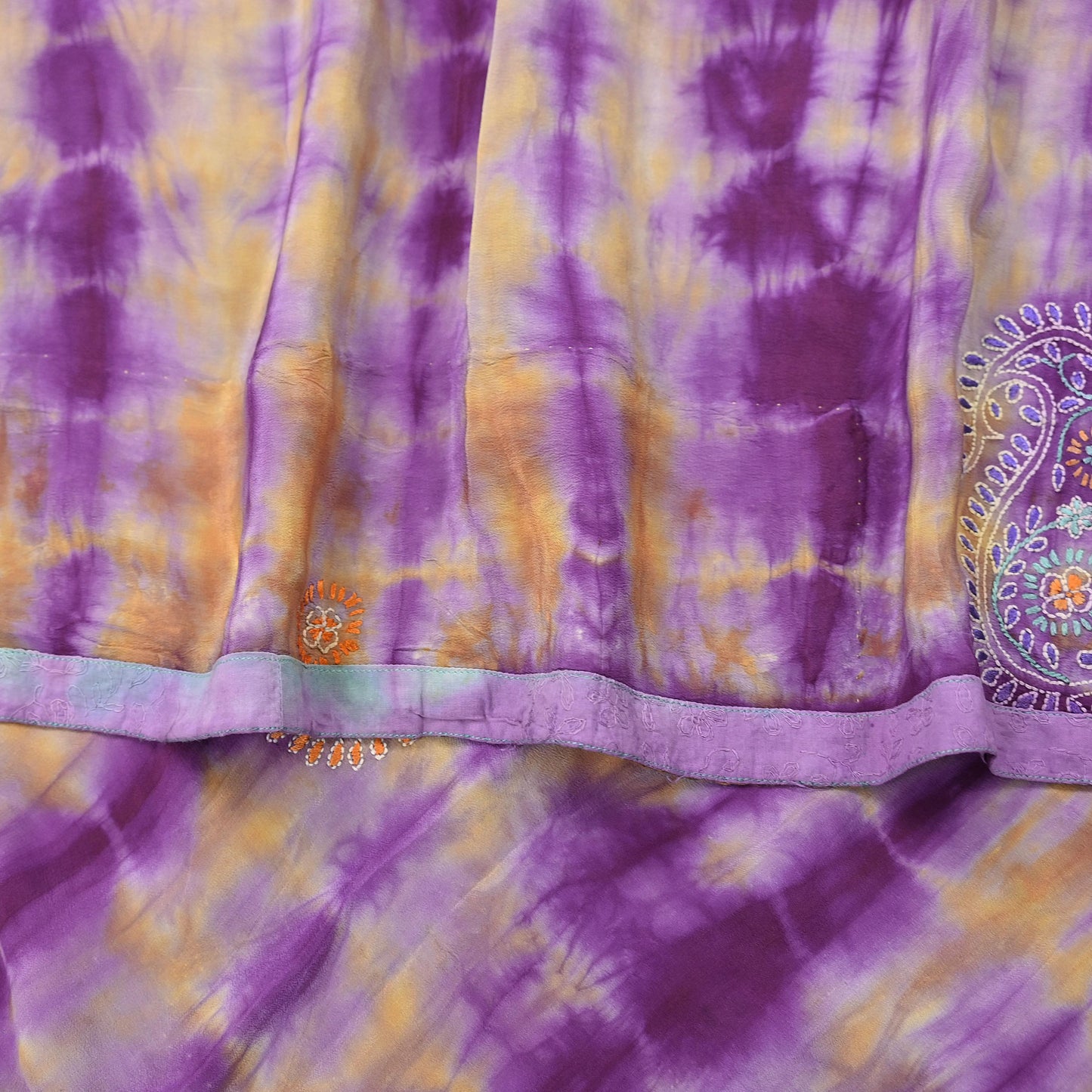 Indian Vintage Sari Purple & Yellow Pure Crepe Silk Hand Embroidered Kantha Tie-Dye Saree 6yd Craft Fabric Sewing Floral Soft Dress making