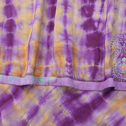 Indian Vintage Sari Purple & Yellow Pure Crepe Silk Hand Embroidered Kantha Tie-Dye Saree 6yd Craft Fabric Sewing Floral Soft Dress making