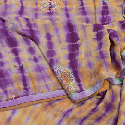 Indian Vintage Sari Purple & Yellow Pure Crepe Silk Hand Embroidered Kantha Tie-Dye Saree 6yd Craft Fabric Sewing Floral Soft Dress making