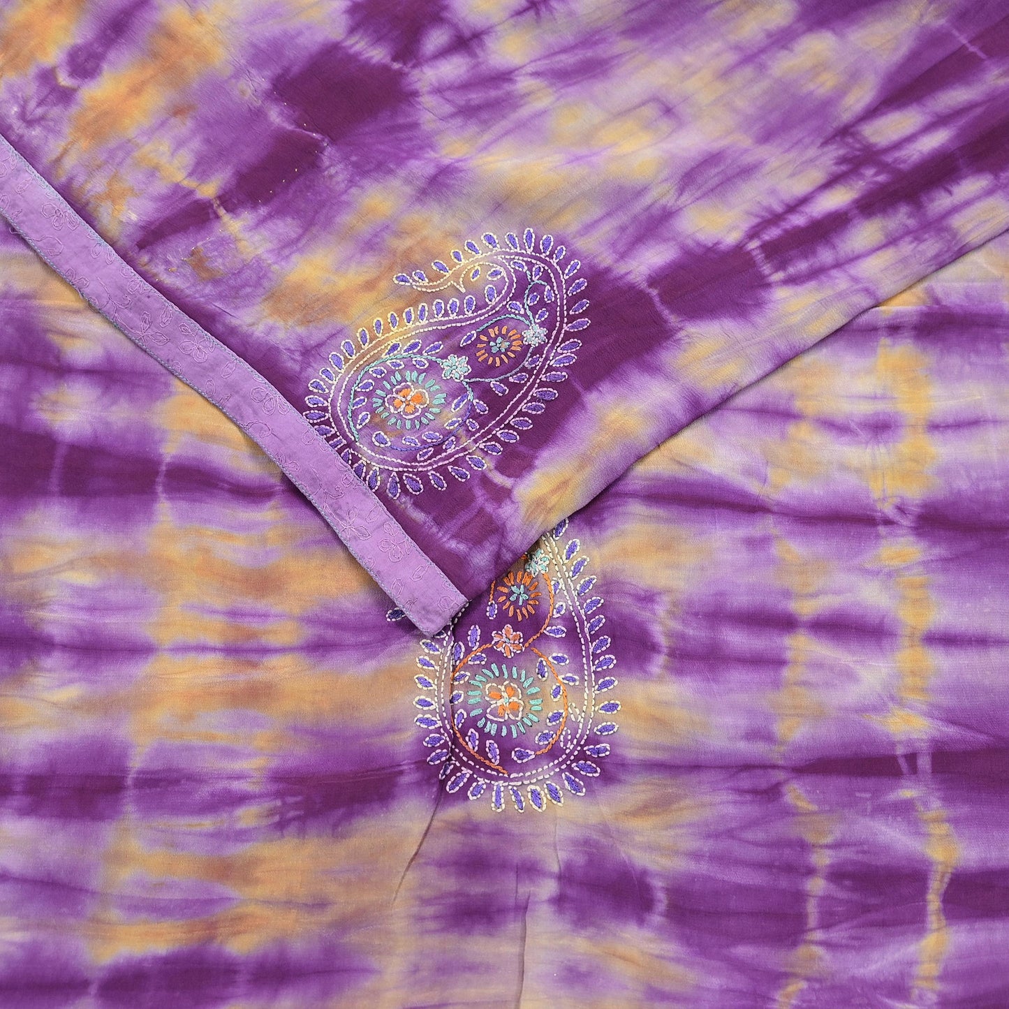 Indian Vintage Sari Purple & Yellow Pure Crepe Silk Hand Embroidered Kantha Tie-Dye Saree 6yd Craft Fabric Sewing Floral Soft Dress making