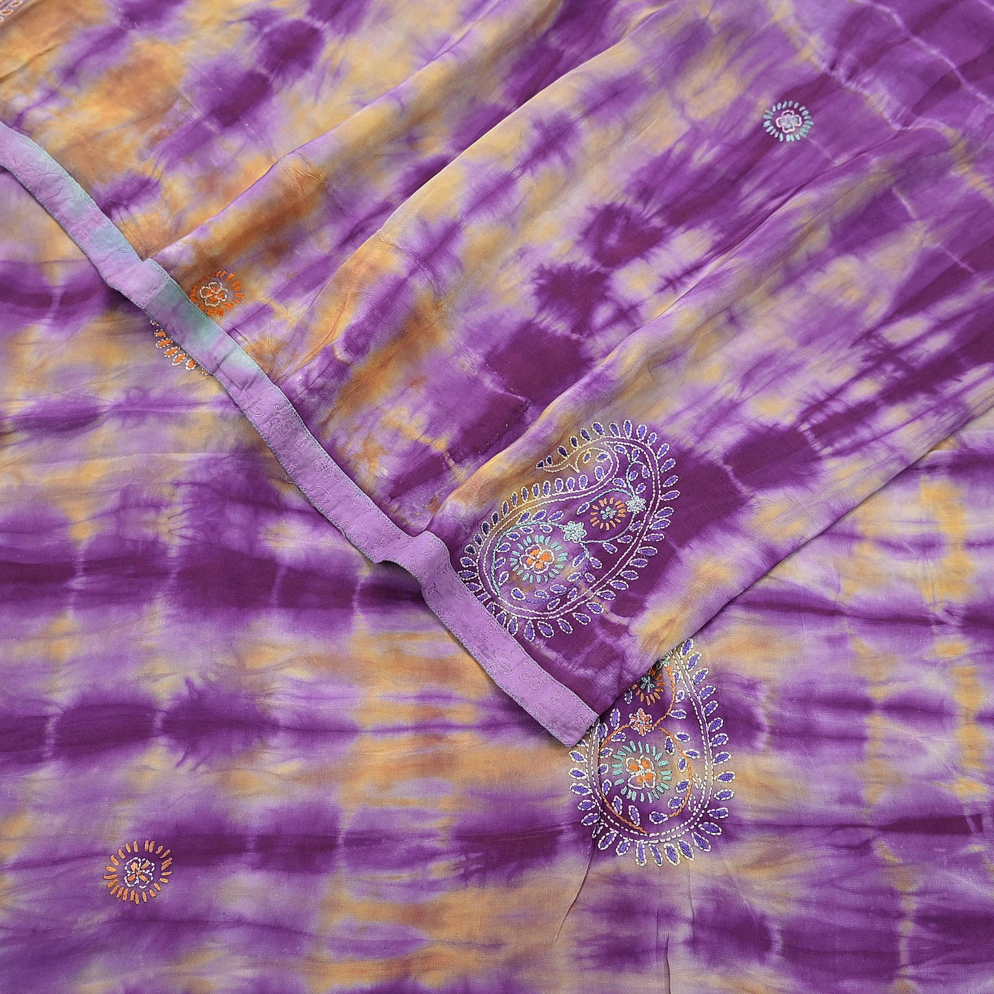 Indian Vintage Sari Purple & Yellow Pure Crepe Silk Hand Embroidered Kantha Tie-Dye Saree 6yd Craft Fabric Sewing Floral Soft Dress making