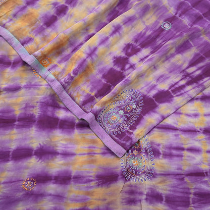 Indian Vintage Sari Purple & Yellow Pure Crepe Silk Hand Embroidered Kantha Tie-Dye Saree 6yd Craft Fabric Sewing Floral Soft Dress making