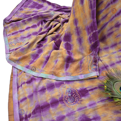 Indian Vintage Sari Purple & Yellow Pure Crepe Silk Hand Embroidered Kantha Tie-Dye Saree 6yd Craft Fabric Sewing Floral Soft Dress making