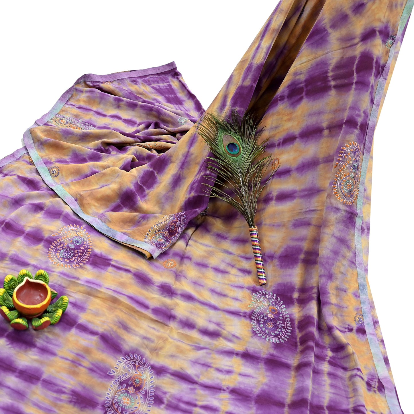 Indian Vintage Sari Purple & Yellow Pure Crepe Silk Hand Embroidered Kantha Tie-Dye Saree 6yd Craft Fabric Sewing Floral Soft Dress making