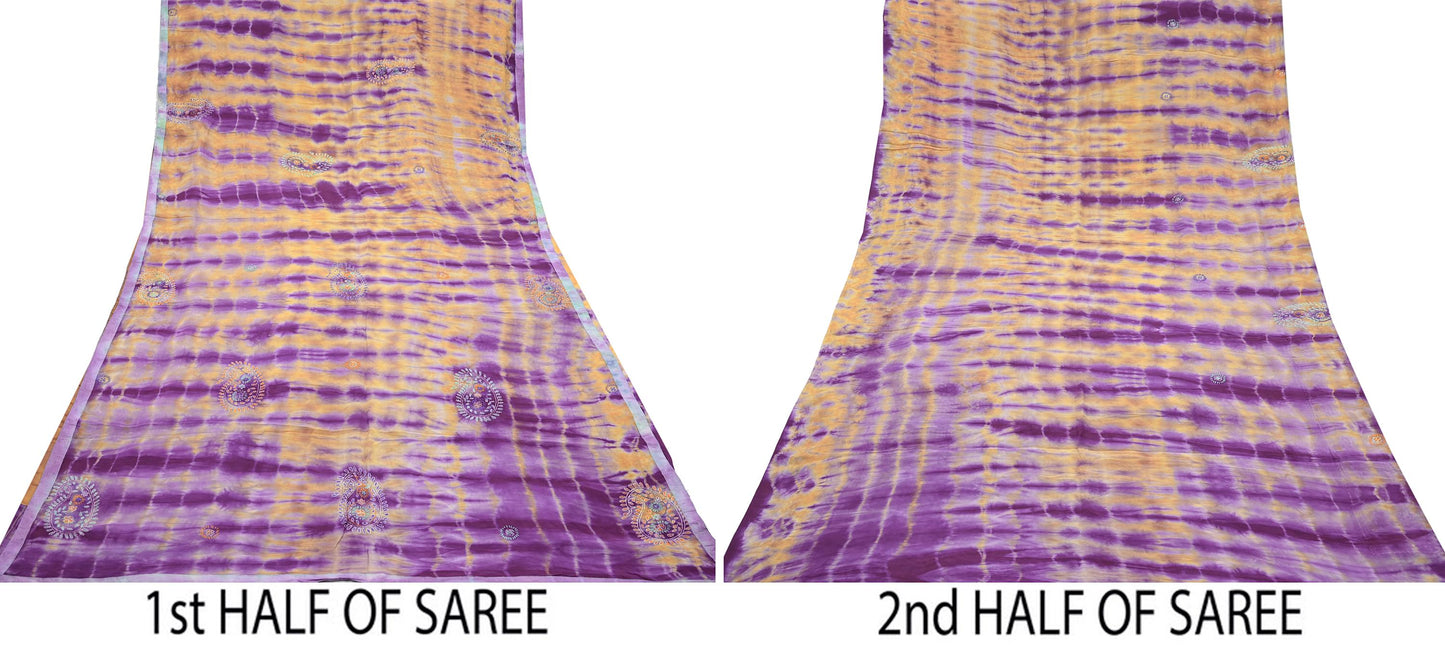 Indian Vintage Sari Purple & Yellow Pure Crepe Silk Hand Embroidered Kantha Tie-Dye Saree 6yd Craft Fabric Sewing Floral Soft Dress making