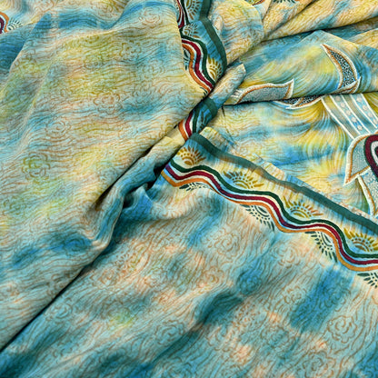 Indian Vintage Saree Yellow & Blue Pure Crepe Silk Hand Embroidered Tie-Dye Sari Fabric 5yard Sewing Craft Fabric Ethnic Dressmaking