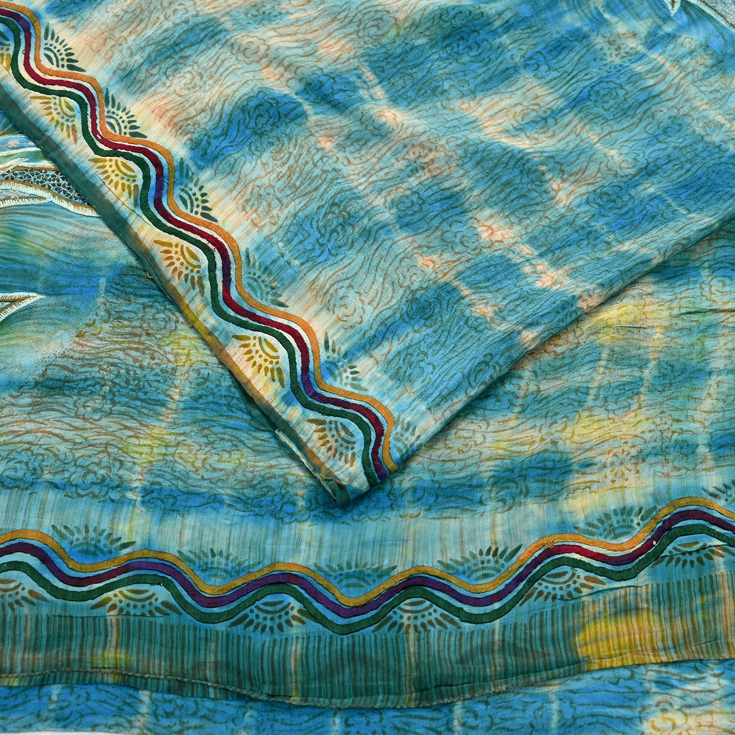 Indian Vintage Saree Yellow & Blue Pure Crepe Silk Hand Embroidered Tie-Dye Sari Fabric 5yard Sewing Craft Fabric Ethnic Dressmaking