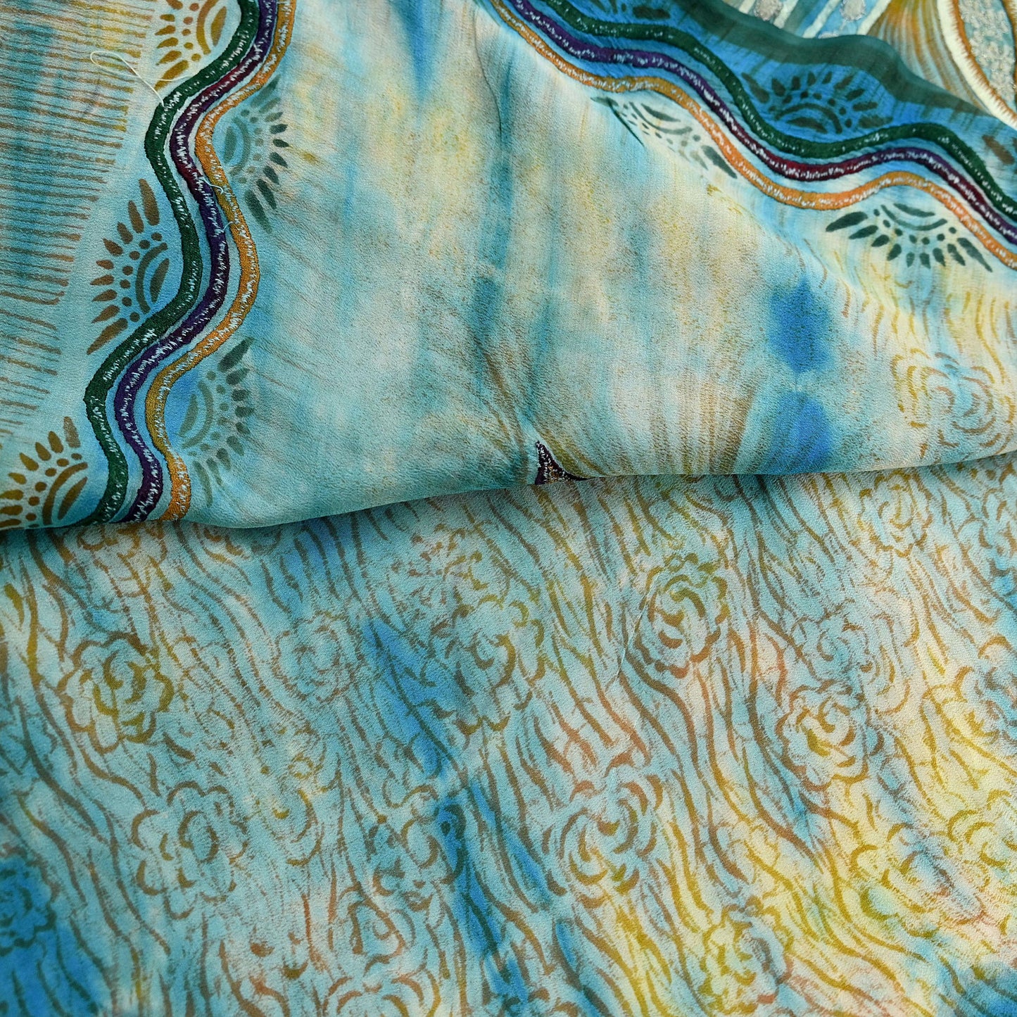 Indian Vintage Saree Yellow & Blue Pure Crepe Silk Hand Embroidered Tie-Dye Sari Fabric 5yard Sewing Craft Fabric Ethnic Dressmaking