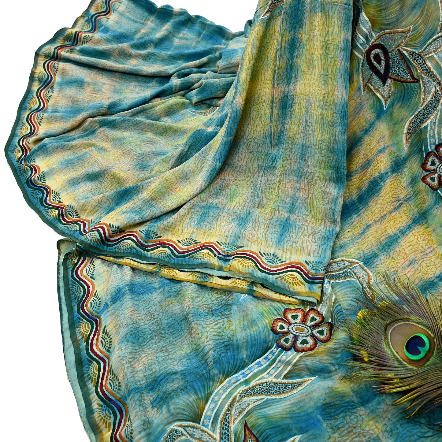 Indian Vintage Saree Yellow & Blue Pure Crepe Silk Hand Embroidered Tie-Dye Sari Fabric 5yard Sewing Craft Fabric Ethnic Dressmaking