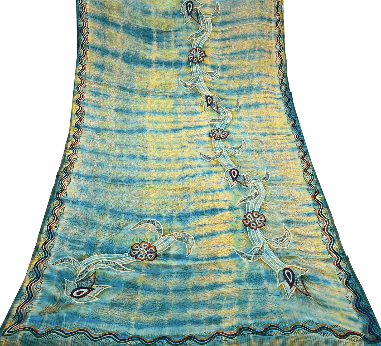 Indian Vintage Saree Yellow & Blue Pure Crepe Silk Hand Embroidered Tie-Dye Sari Fabric 5yard Sewing Craft Fabric Ethnic Dressmaking