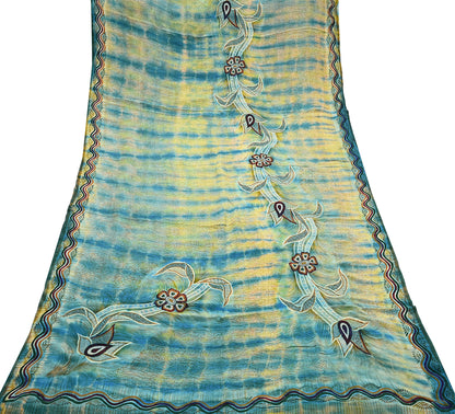 Indian Vintage Saree Yellow & Blue Pure Crepe Silk Hand Embroidered Tie-Dye Sari Fabric 5yard Sewing Craft Fabric Ethnic Dressmaking