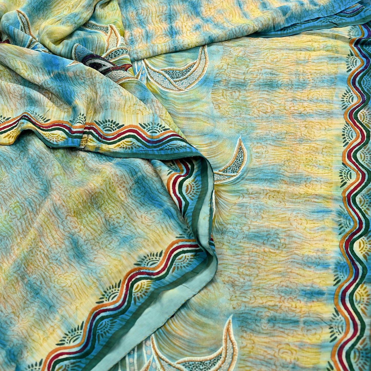 Indian Vintage Saree Yellow & Blue Pure Crepe Silk Hand Embroidered Tie-Dye Sari Fabric 5yard Sewing Craft Fabric Ethnic Dressmaking