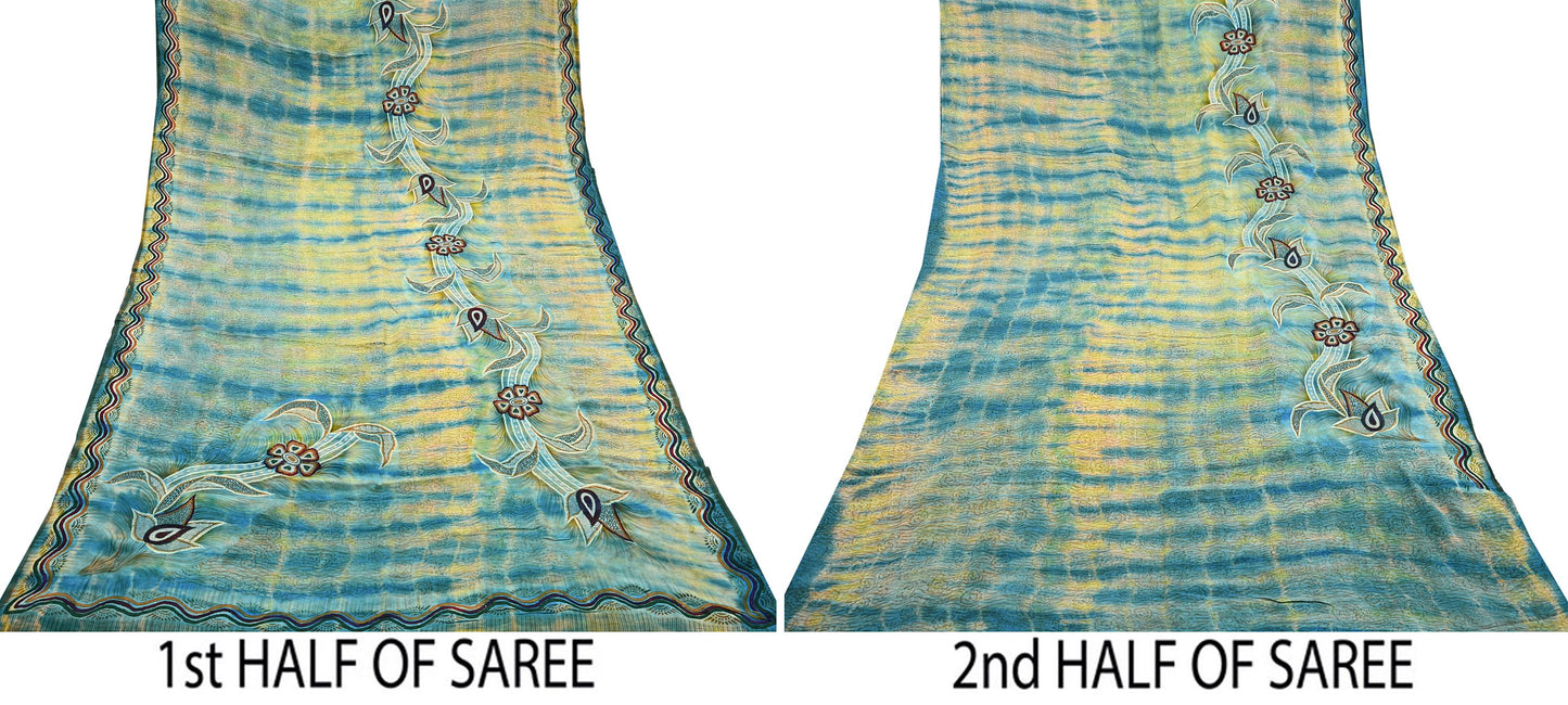 Indian Vintage Saree Yellow & Blue Pure Crepe Silk Hand Embroidered Tie-Dye Sari Fabric 5yard Sewing Craft Fabric Ethnic Dressmaking
