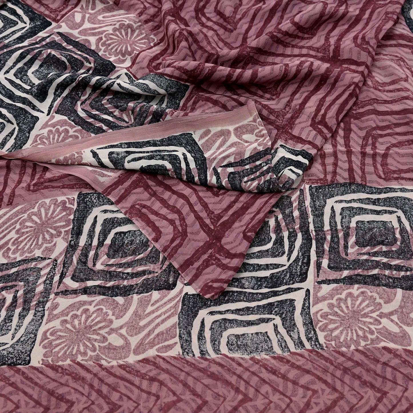 Indian Vintage Sari Brown & Maroon Pure Georgette Silk Printed Saree Craft Fabric Sewing 5Yd Soft Dress Making Crafting Quilting Upcycle