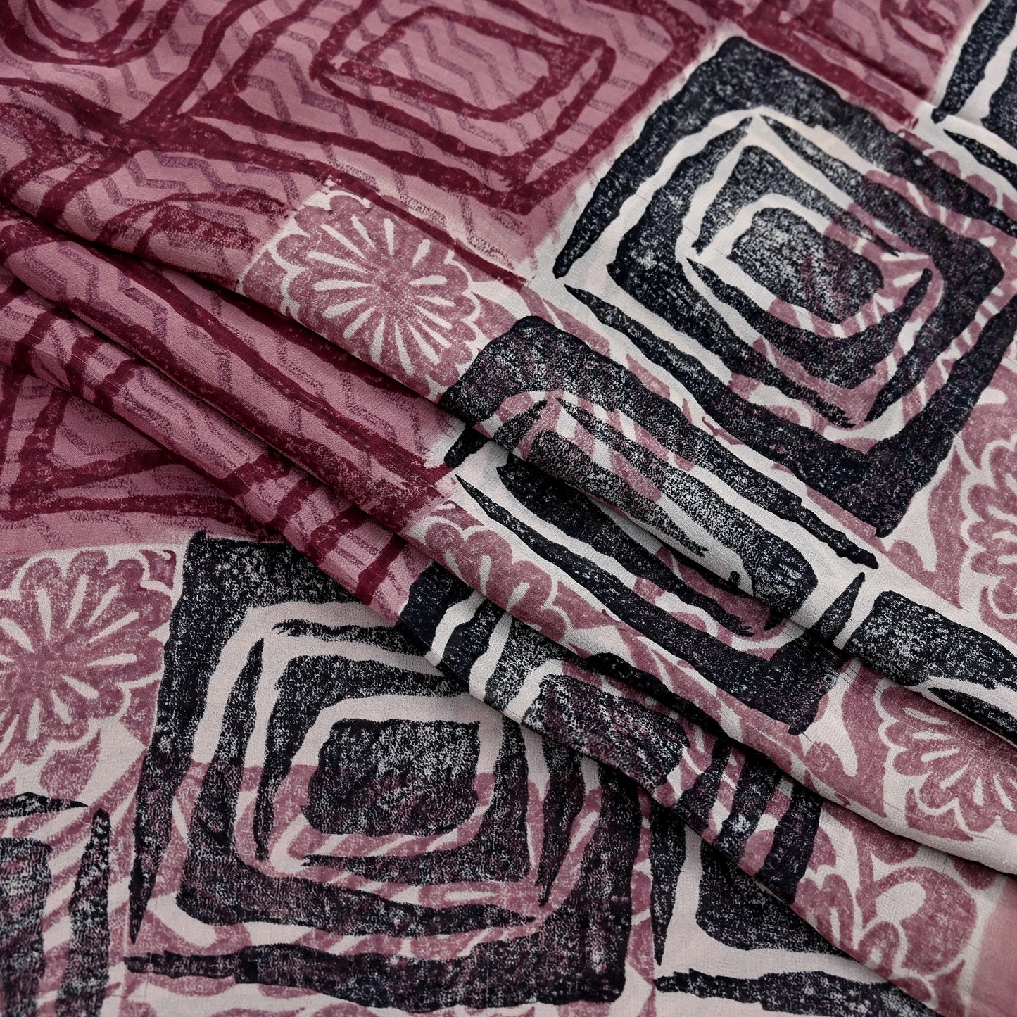 Indian Vintage Sari Brown & Maroon Pure Georgette Silk Printed Saree Craft Fabric Sewing 5Yd Soft Dress Making Crafting Quilting Upcycle